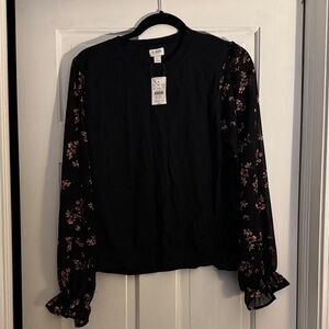 J. Crew Black lightweight sweater with sheer Floral Sleeves